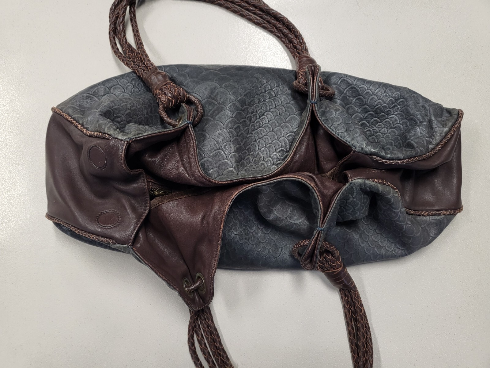 The Divine Tribe NYC Large Gray/ Brown Reptile Embossed Leather Tote Purse