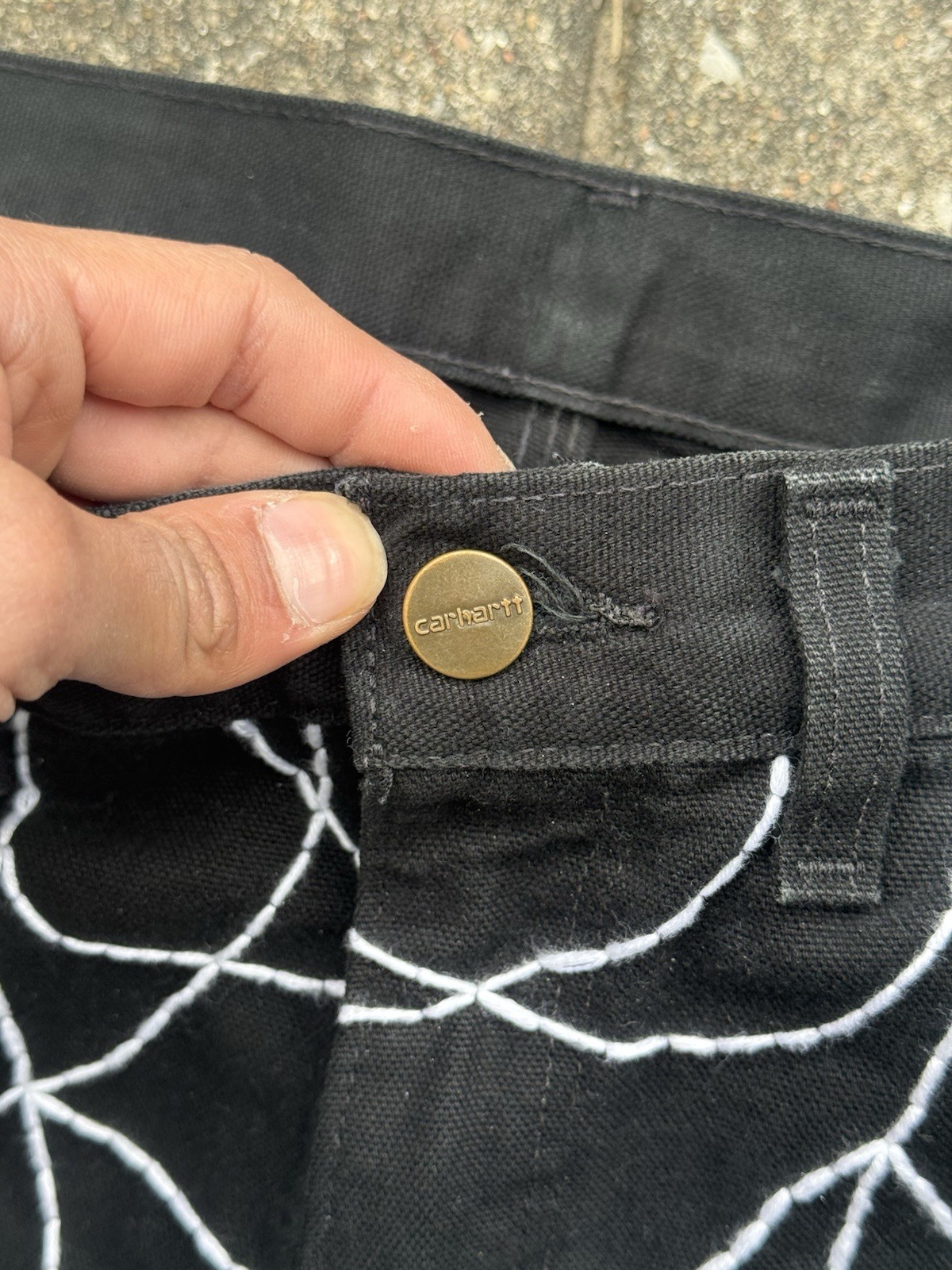 Custom Rework Carhartt Faded Black Jeans – Embroidered Spider Web Size 28×32