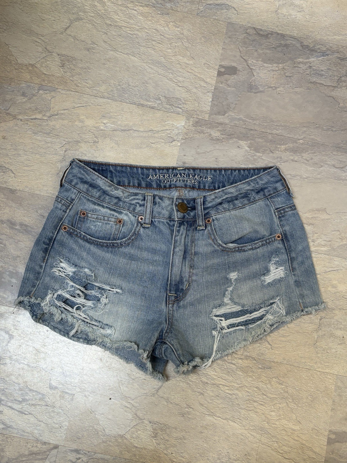 American Eagle Outfitters Hi-Rise Festival Light Wash Distressed Cutoff Shorts 4