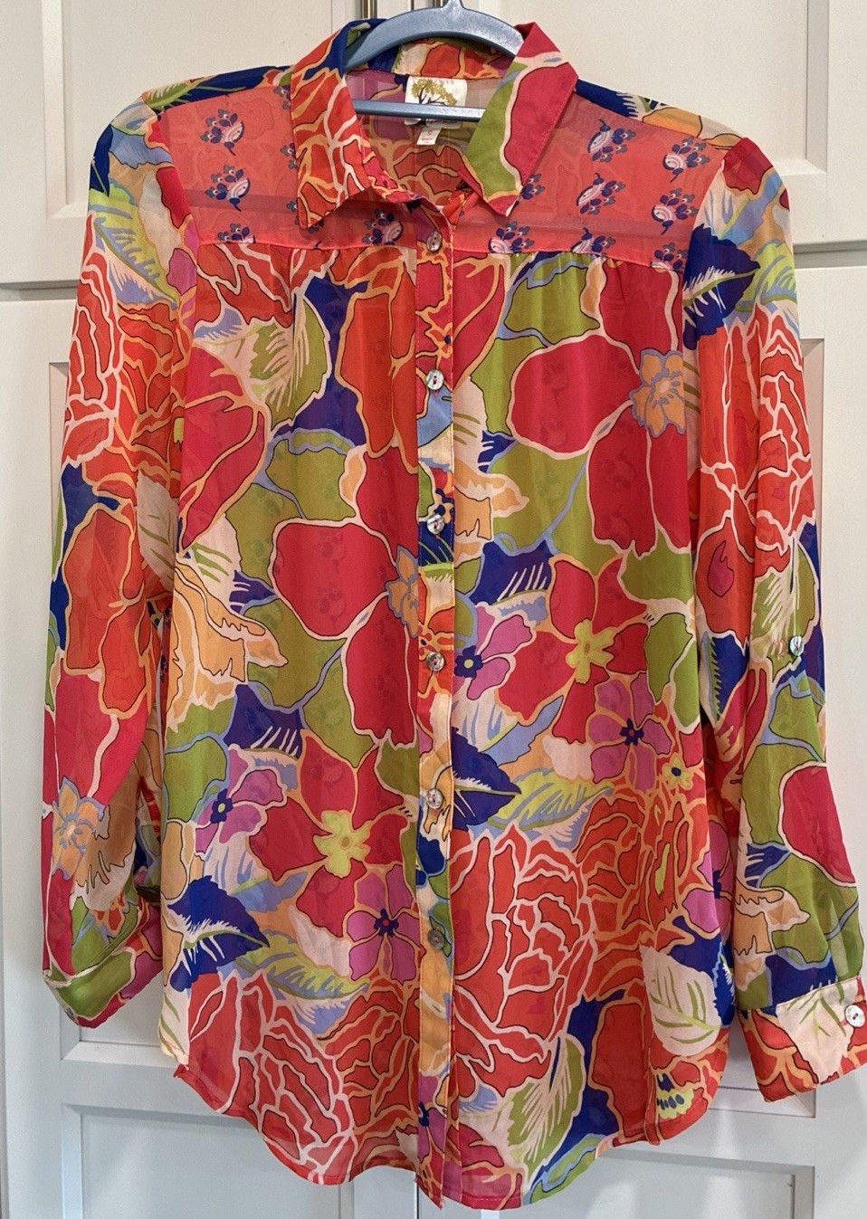 Fig & Flower Multicolor Floral Feminine Button Long Roll Tab Sleeve Blouse Sz S