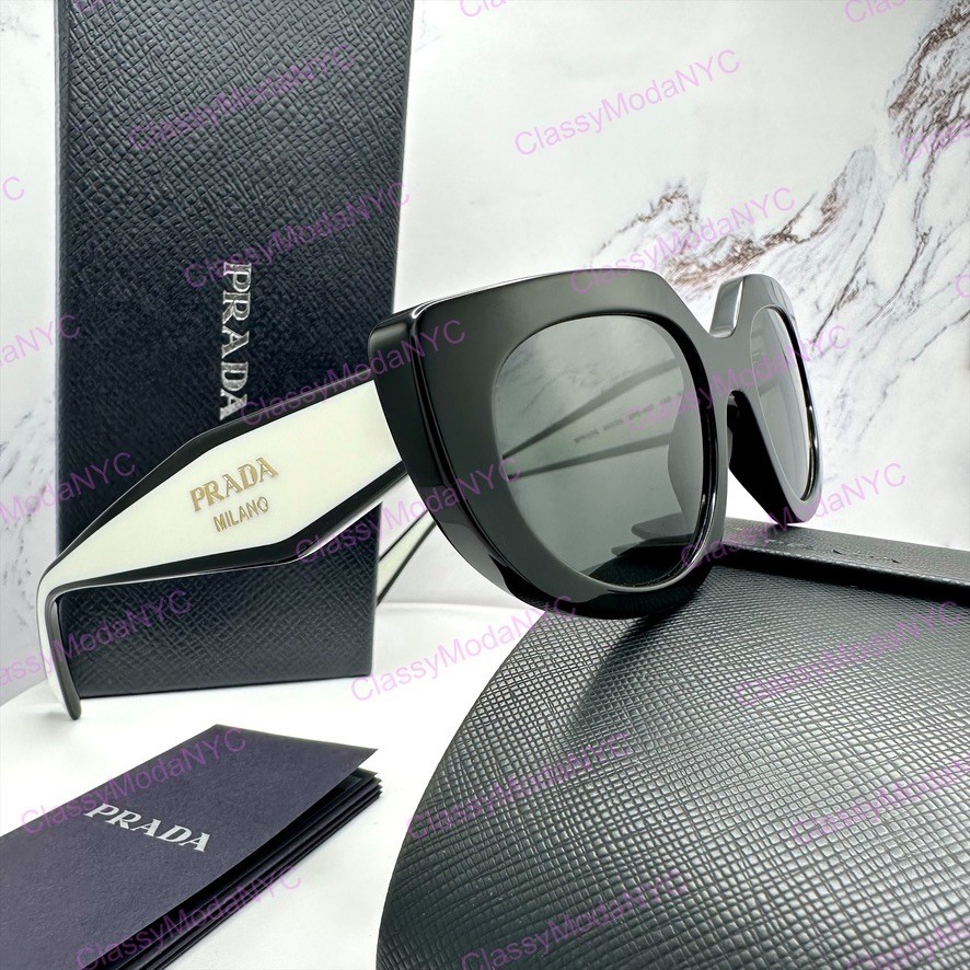 PRADA Sunglasses New Black White Gold Symbole Cat Eye Womens w/ Box & Case