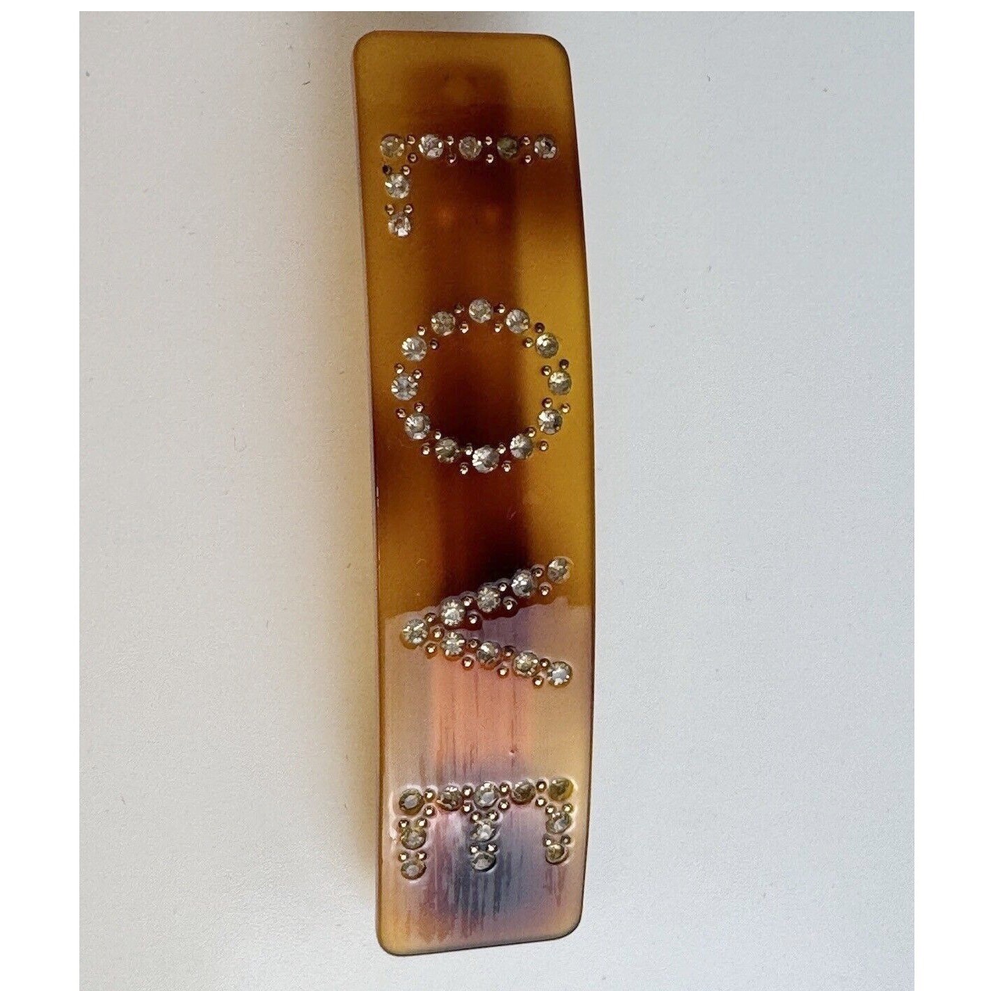 Vintage Amber Tortoiseshell LOVE Rhinestone Hair Barrette French Clip J-01
