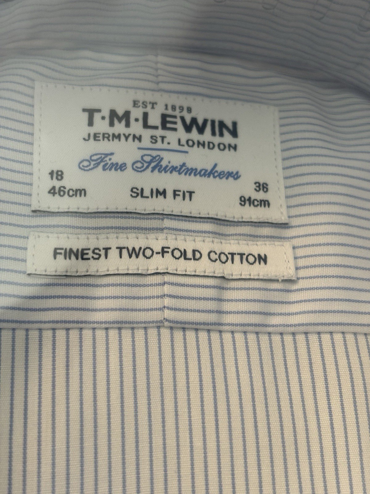 BNWT TM Lewin 18/36 Slim Fit Fine Sky Stripes Poplin Classic Collar Button Cuffs