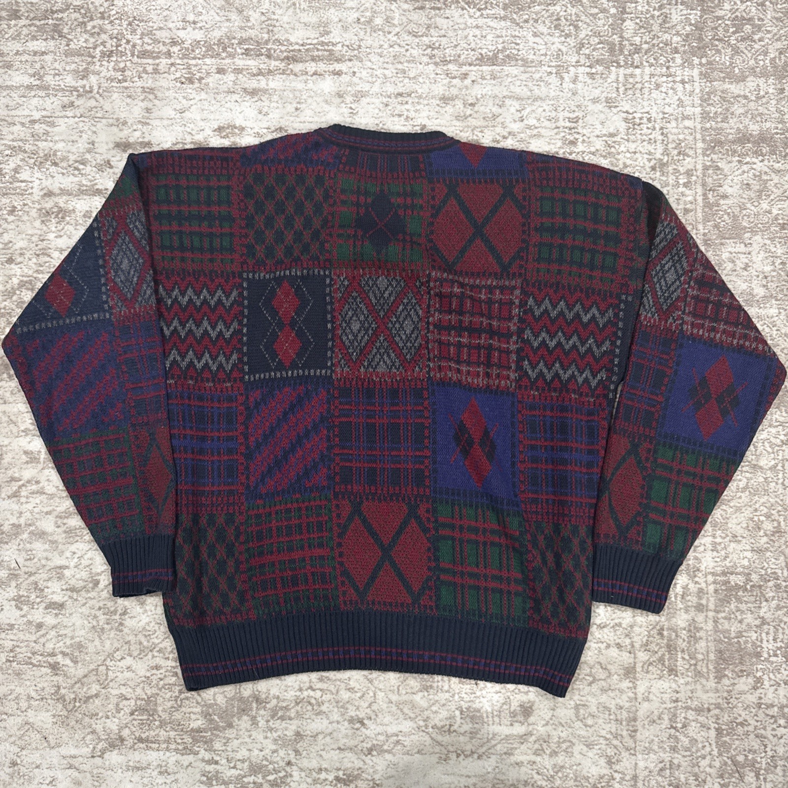 Vintage Florence Tricot Patchwork Knit Multicolor Sweater Mens XL Italy Style