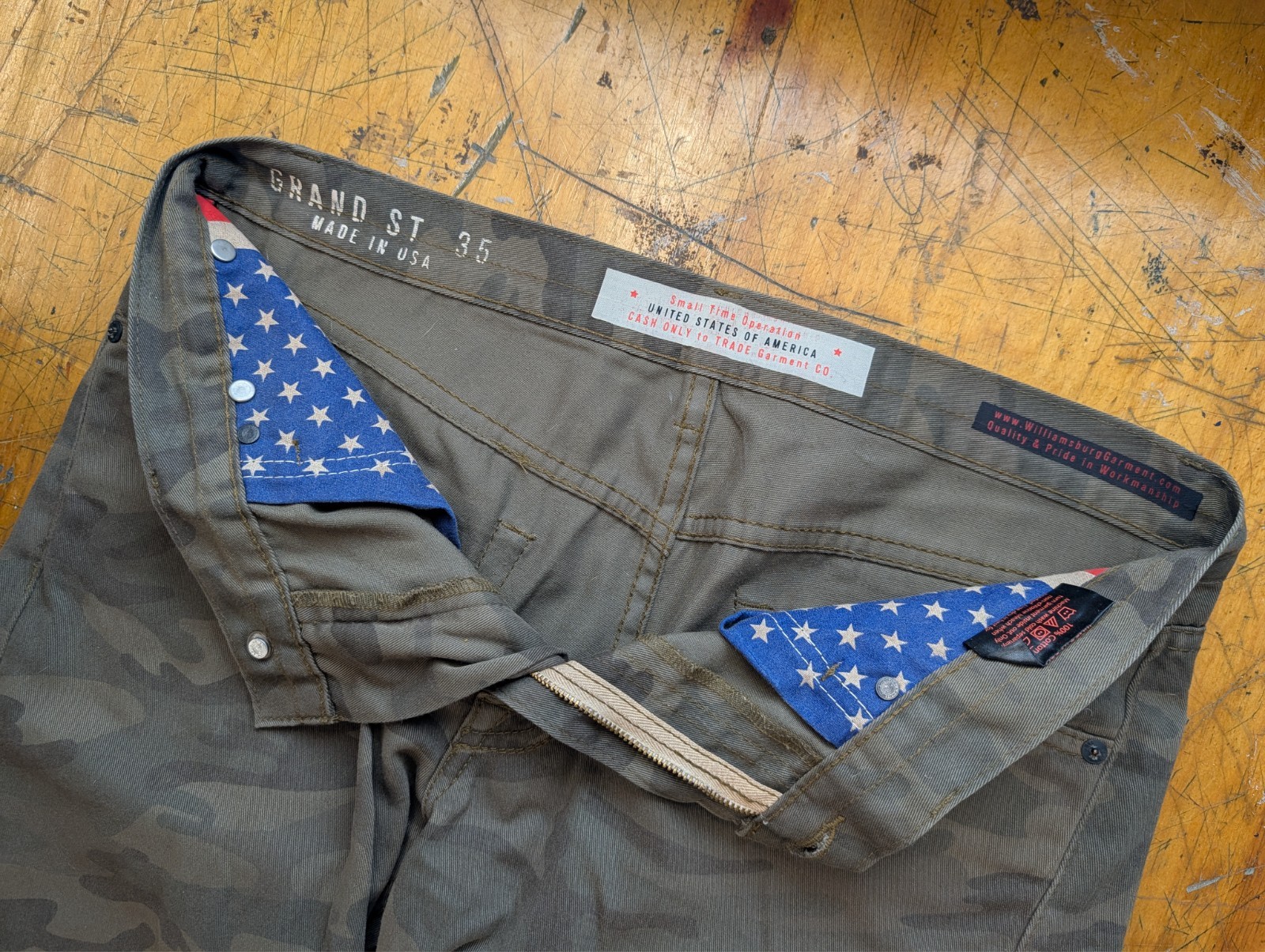 Williamsburg Garment Co Grand St 35 Camo Pants USA Made Slim Fit 34×32