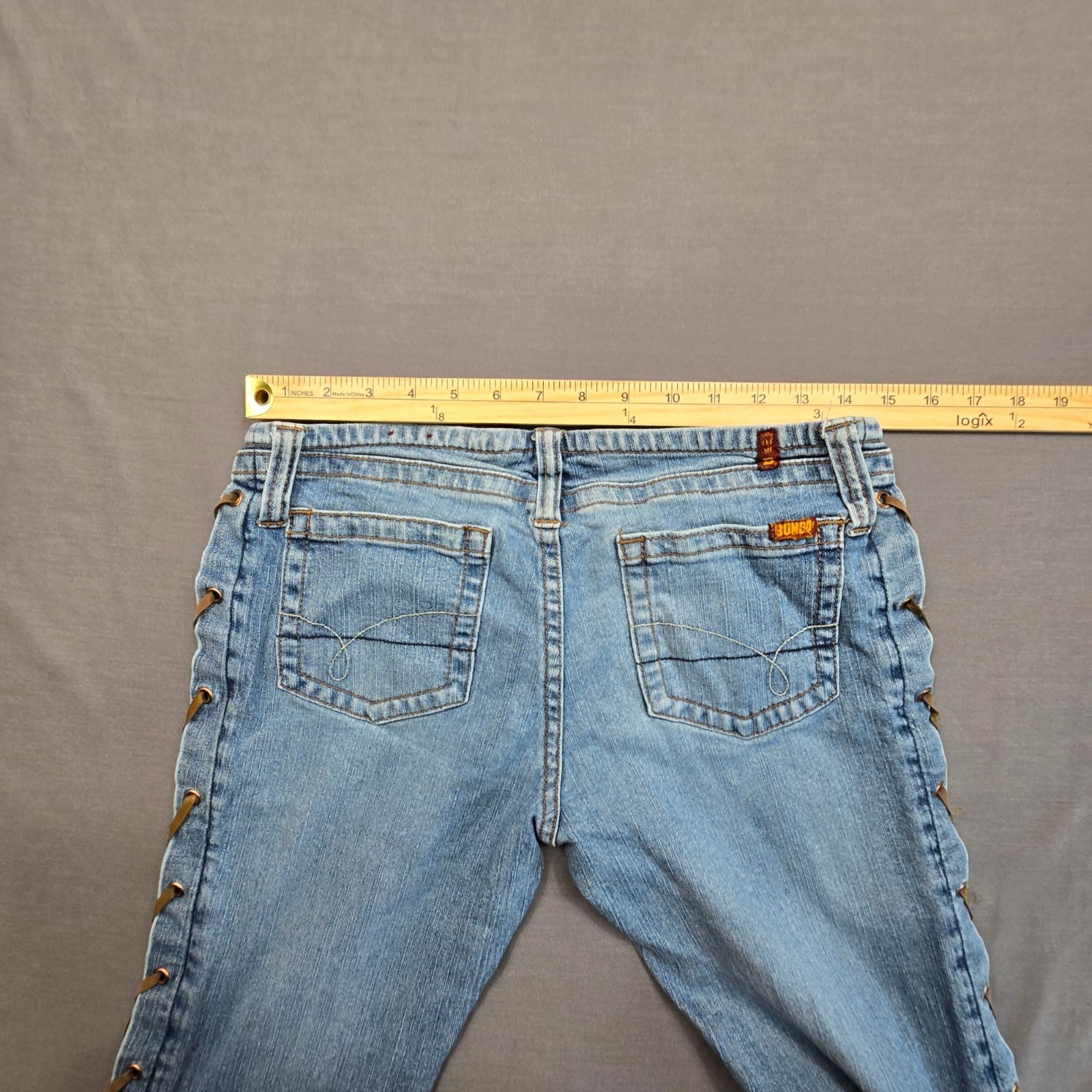 Vintage Y2K 90s Bongo Size 7 Lace-Up Low Rise Flare Jeans Festival Denim Boho