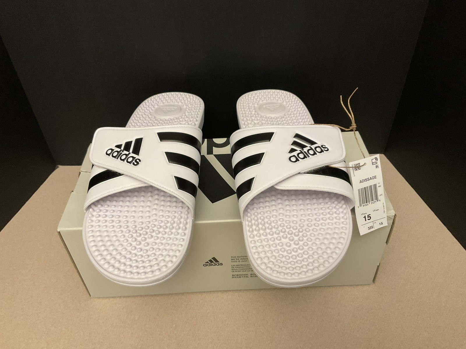 New! Mens Adidas Adissage White/Black Slide Sandals. Size 15. Nice Sandals!!!