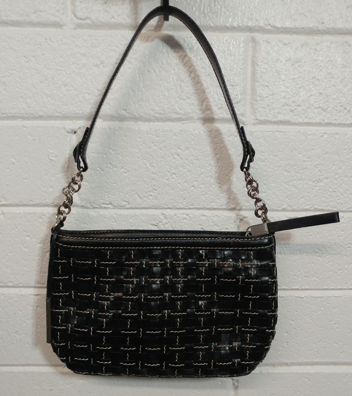 ELLIOTT LUCCA Woven BLACK LEATHER WHITE THREADED PURSE SHOULDER BAG Handbag
