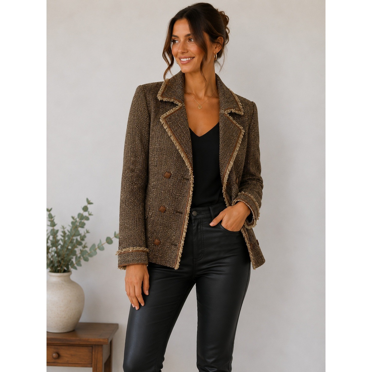 VTG Brown Silk Leather Double Breasted Jacket Academia Twee Equestrian Office