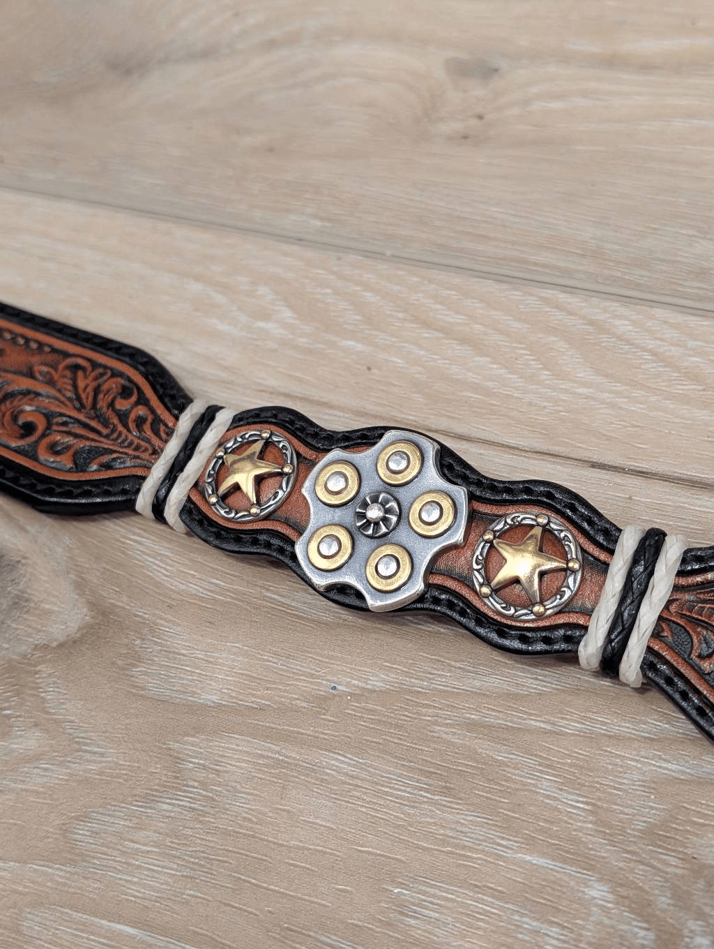 Silver Creek Tooled Leather Belt Western Sheriff Star Revolver Concho Sz 34
