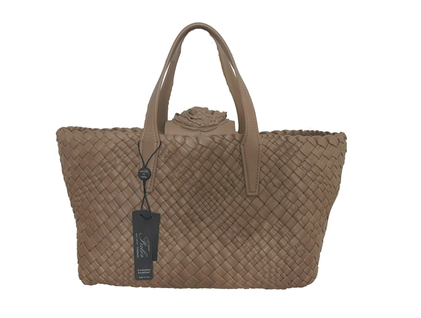 Falor F2097 Woven Brown All Leather Bag Rosette Made in Italy Brand New with Tag