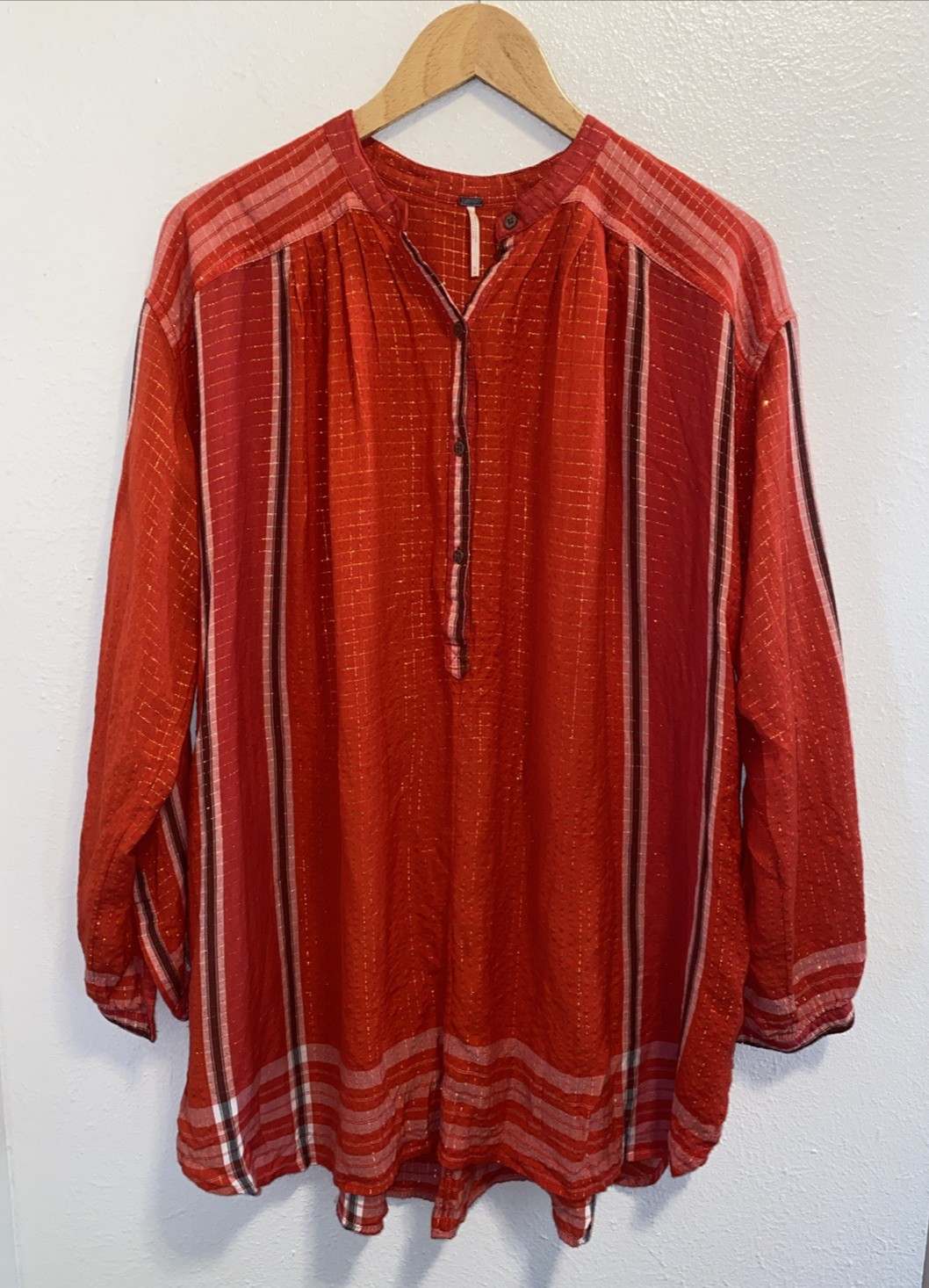 Free People (Red) Plaid Metallic Henley Tunic Top Pockets Oversized Medium