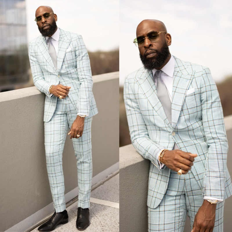 Groom Plaid Men Suits Slim Fit Peak Lapel Single Breasted Business Formal Prom
