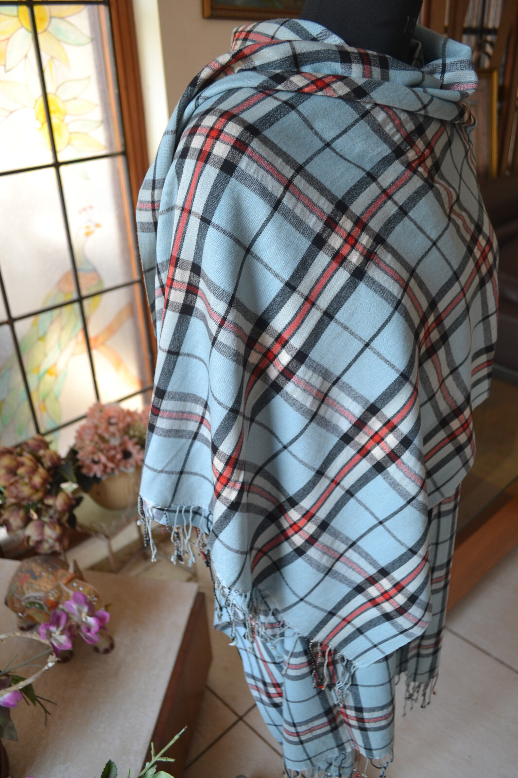 LARGE SIZE THROW CHECK PASHMINA~Silk CASHMERE PLAID ~ 5 DESIGNS CHOICE