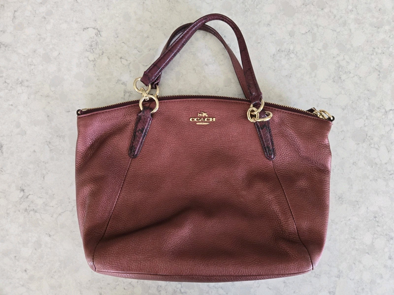 Coach Leah Metallic Wine Purse Handbag Genuine Leather Tote Drop Handles