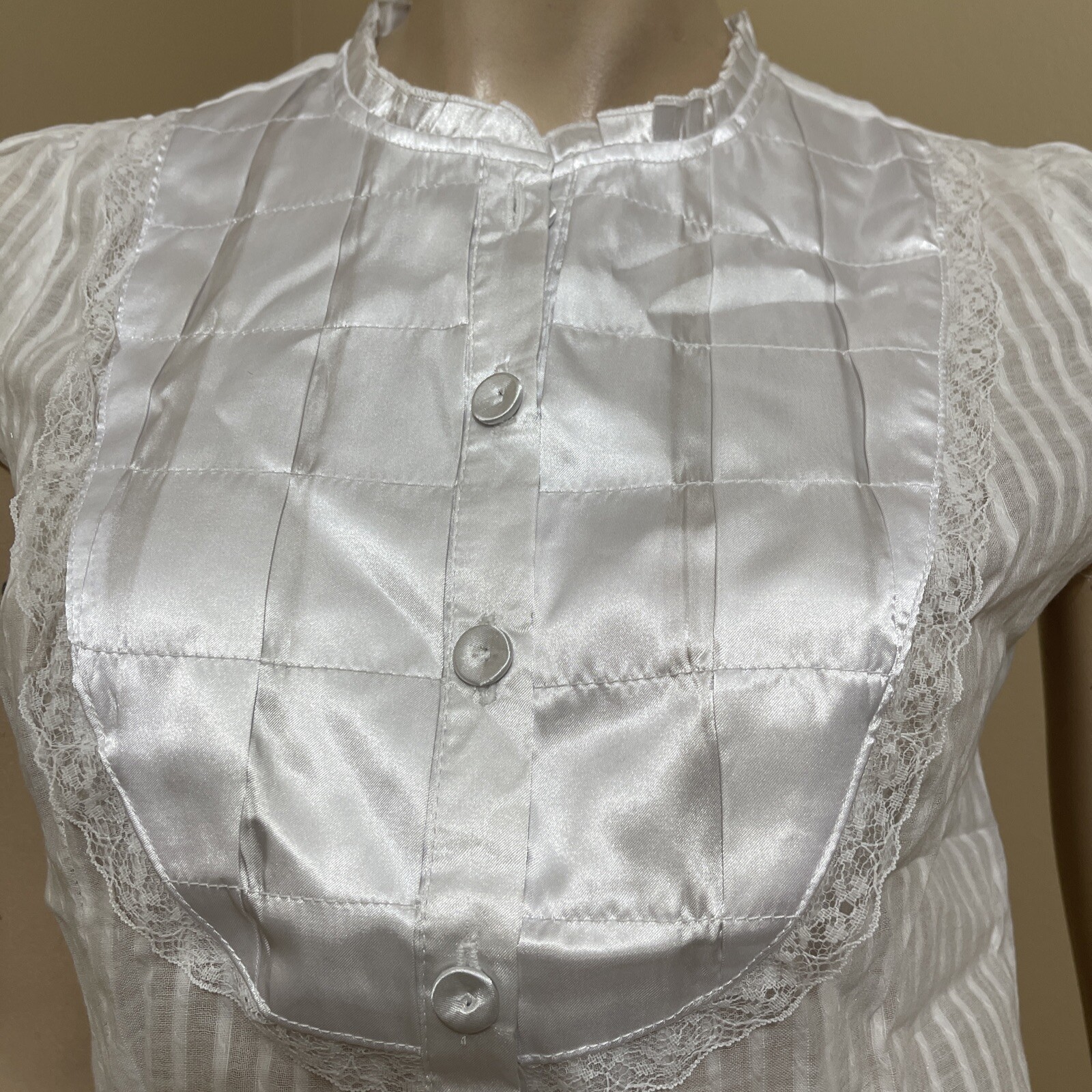 Women’s White Cotton Casual Sheer Striped Lace Satin Buttons Size L Blouse Top