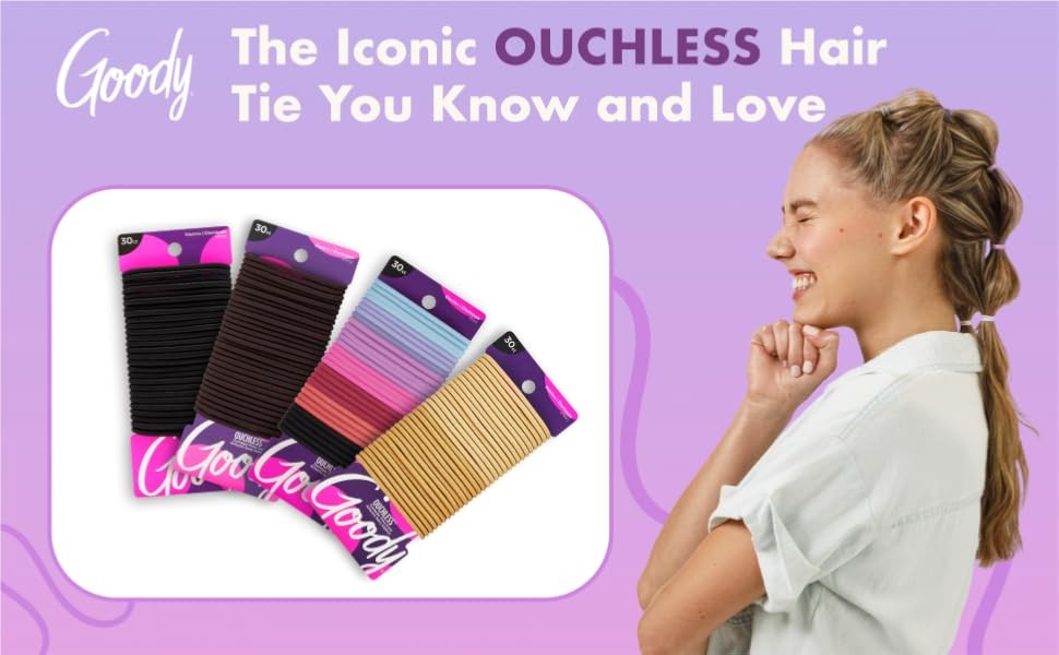 Goody Ouchless Elastic Hair Ties – 30 Ct, Assorted Neutral, 4MM Rubber Bands for