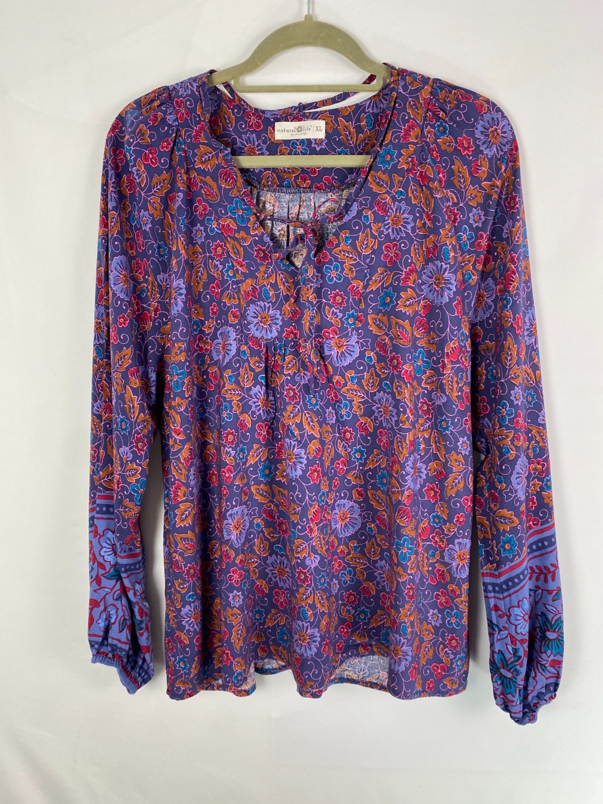 Natural Life Floral Multicolor V Neck with Ties Bell Sleeves Top Sz XL Peasant