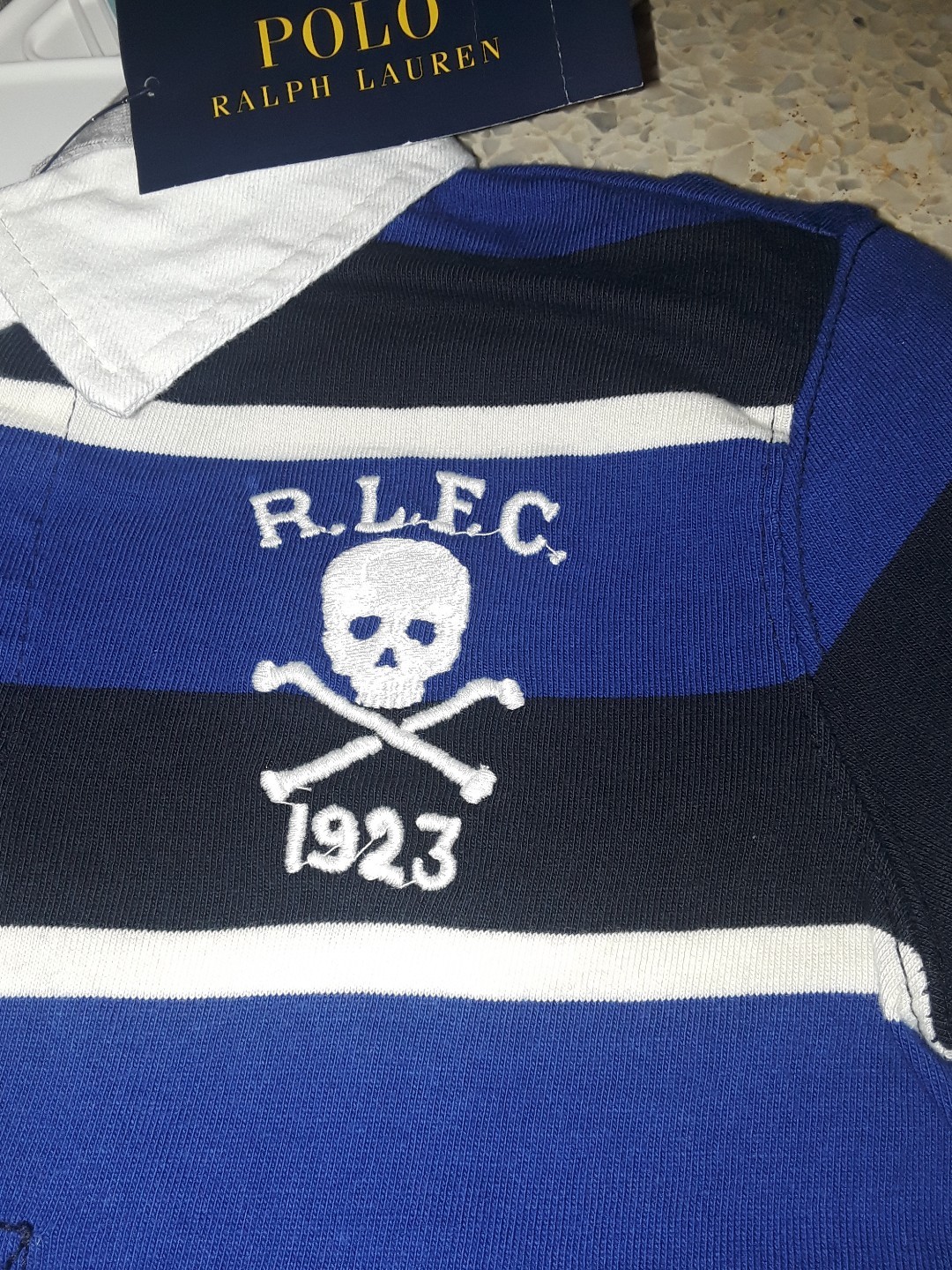 NWT Polo Ralph Lauren Boys College BLUE Stripe Skull Hooded Rugby Polo Shirt MED