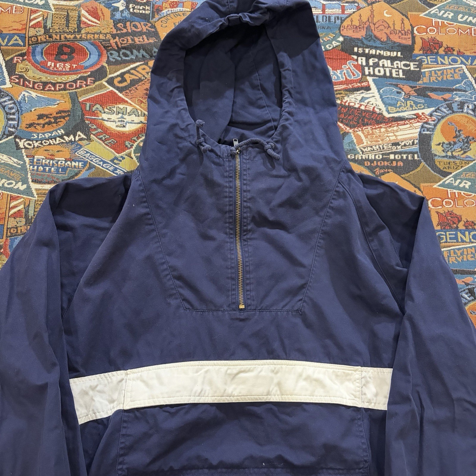 Vintage 90s GAP Half Zip Hooded Anorak Jacket Navy Blue Pullover Cotton Size S