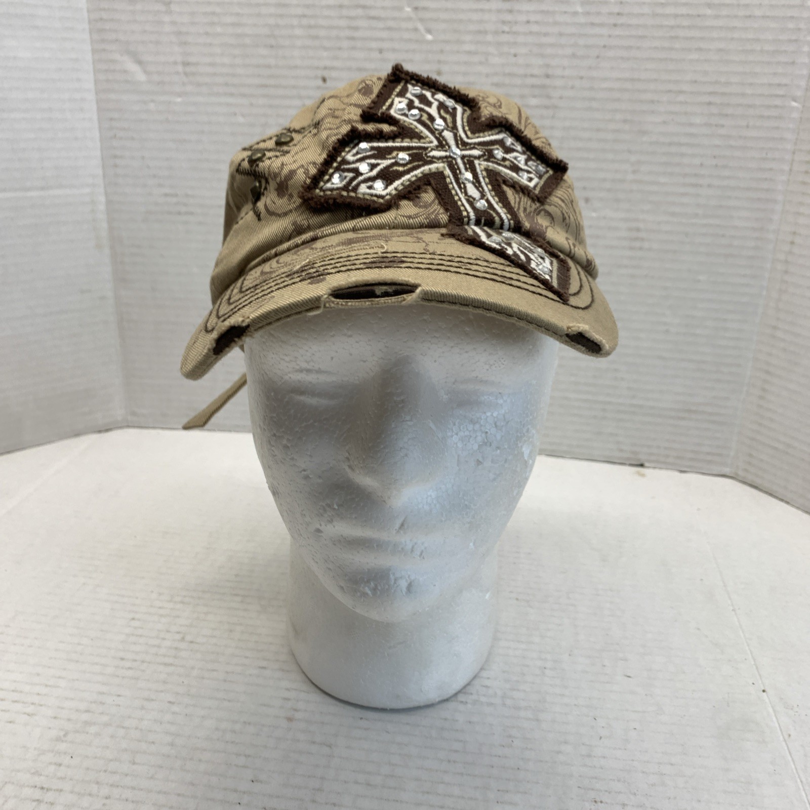 Kbethos Beige Hat Cap Embroidered Bling Cross Strapback