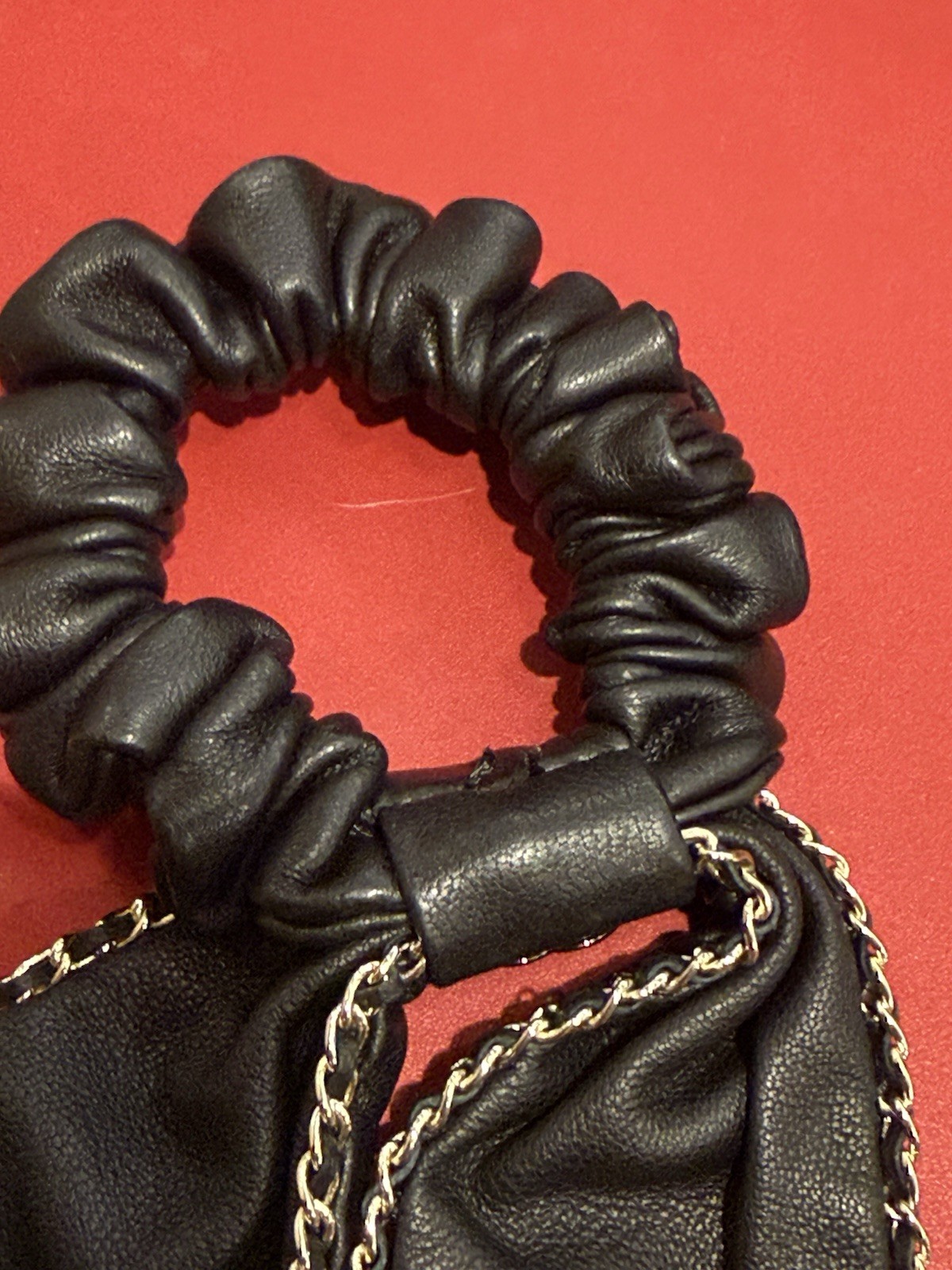 CHANEL AA8258 Ribbon Bow CC Logo Chain Scrunchie Lambskin, Black Hair Accessory