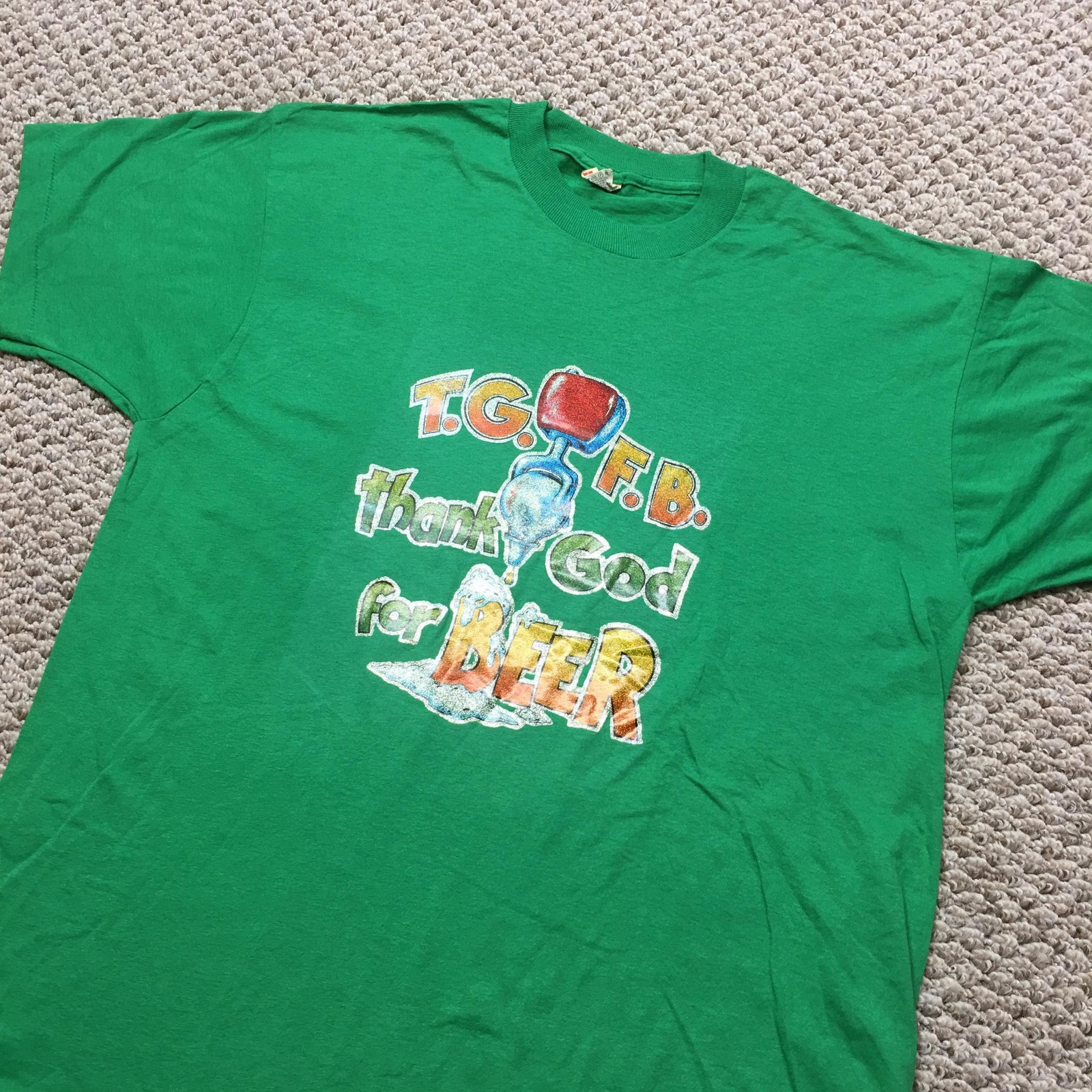 Vintage 80s Screen Stars Shirt Mens L/XL Green Thank God For Beer Tee USA