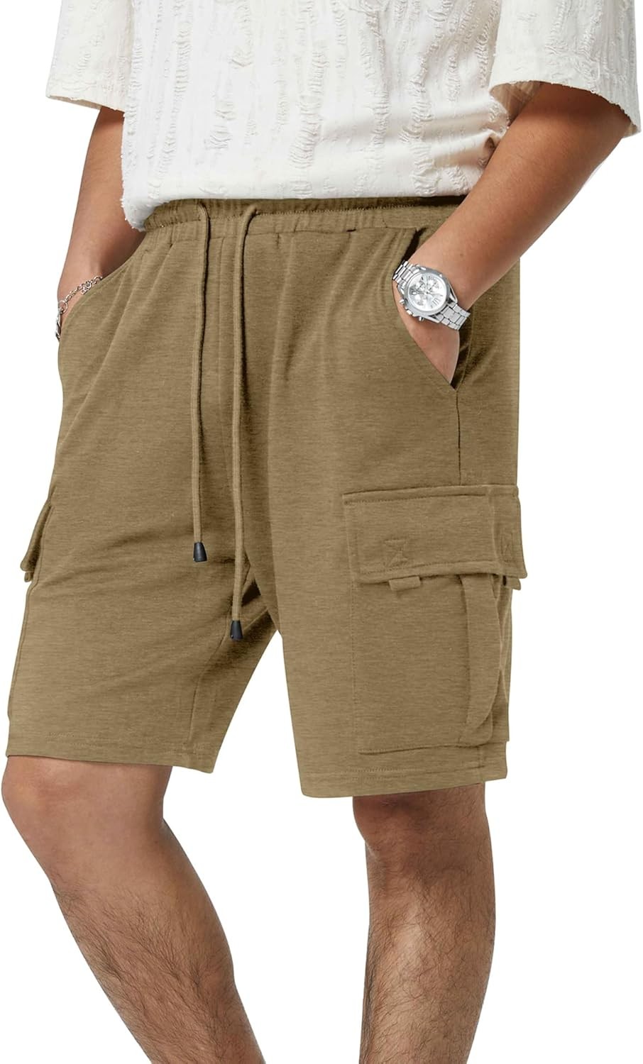 Mens 5 Pocket Athletic Cotton Shorts Drawstring Elastic Waist Workout Gym Cargo