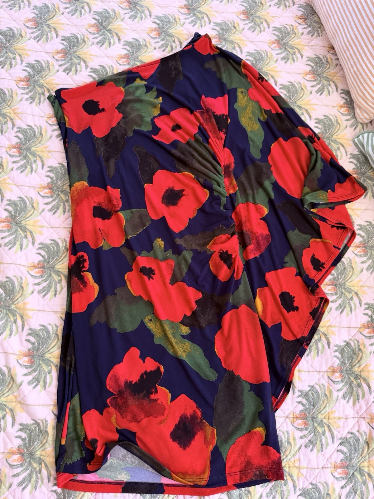 Colleen Lopez Women’s Navy Floral Ruched V-Neck Dolman Tunic Blouse S