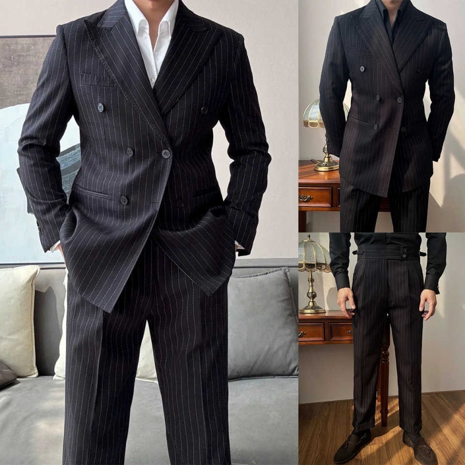 Business Striped Men Suits Slim Fit Peak Lapel Double Breasted Adjustable Waist