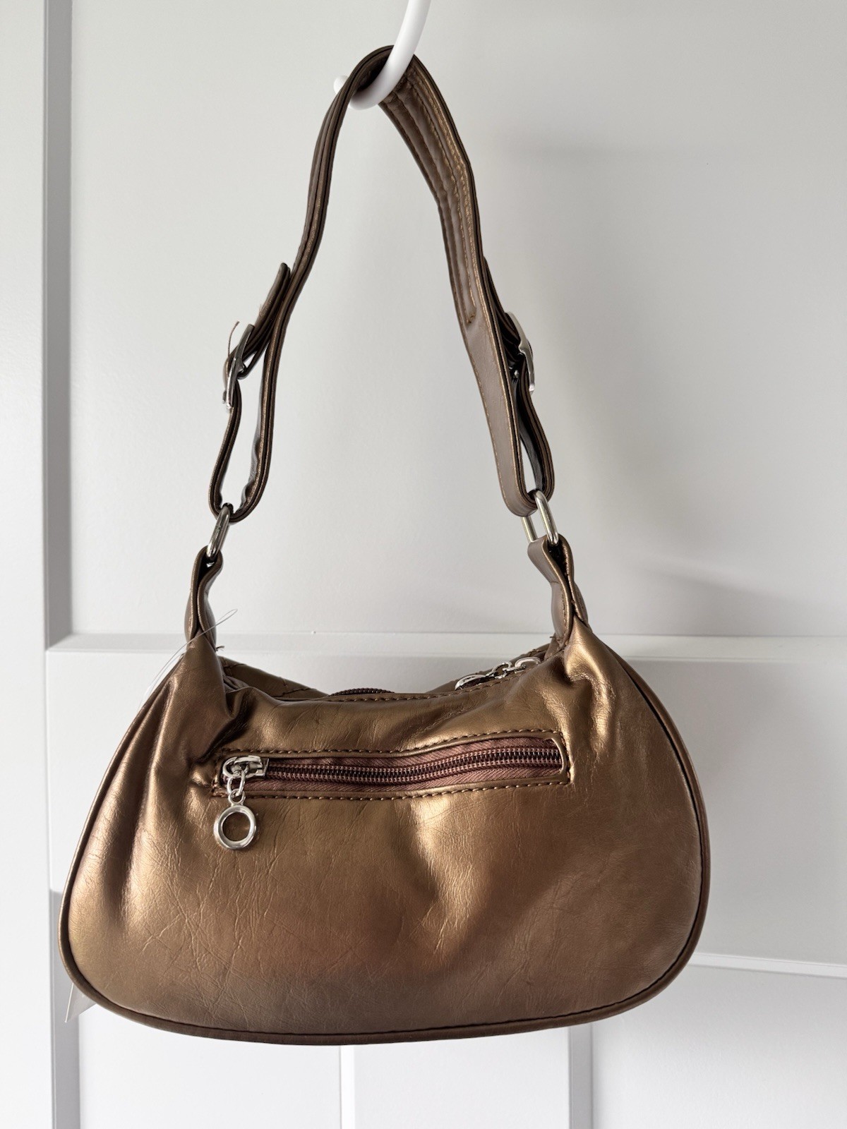 Bronze Metallic Studded Crescent Shoulder Bag Small Zip Closure Inner Pockets