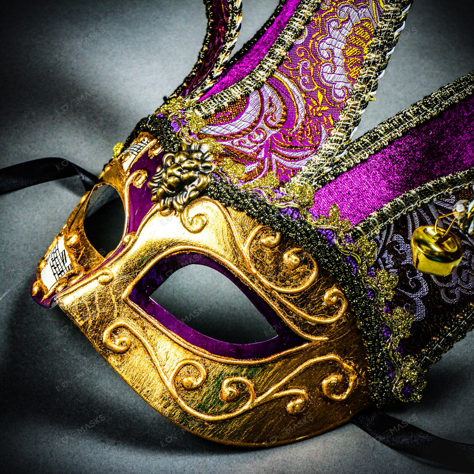 Jester Joker Venetian Musical Eye Mask with Bells Gold Purple Halloween Eye Mask