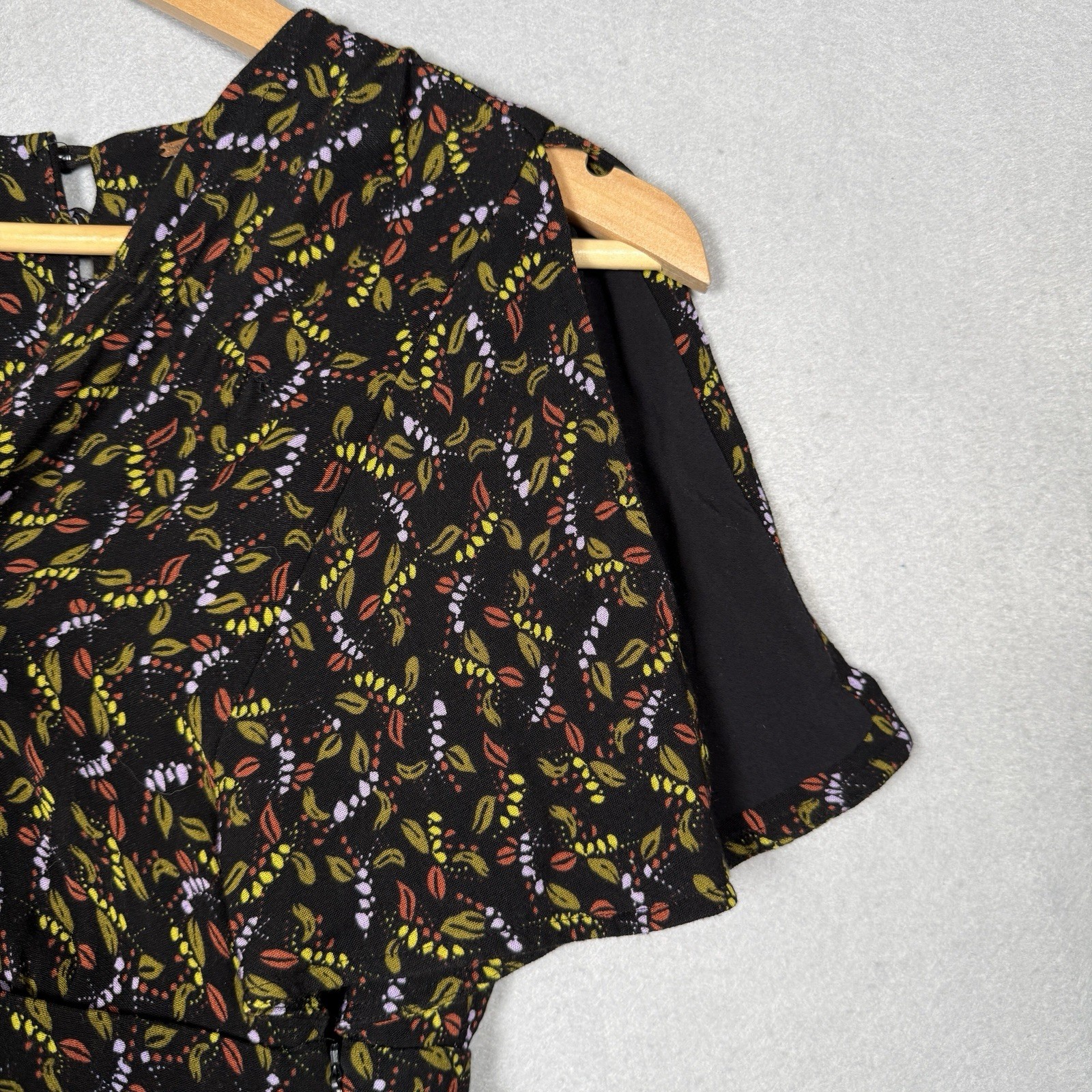 Free People Romper Boho Granola Dark Fairy Black Green Leaf Print Sz 0