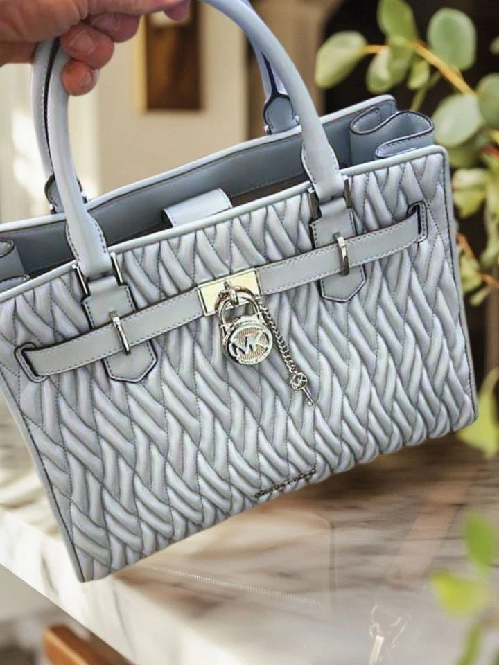 Michael Kors Hamilton Women Medium Matelassé Satchel Bag + Coin Purse Pale Ocean