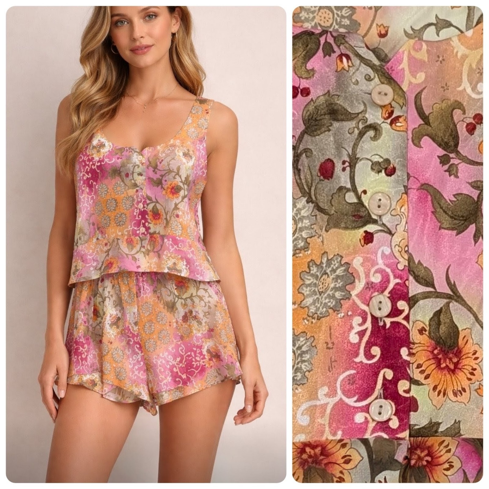 VTG 90s Victorias Secret Pajama Satin Tank Sheer Tap Shorts Floral Patchwork S
