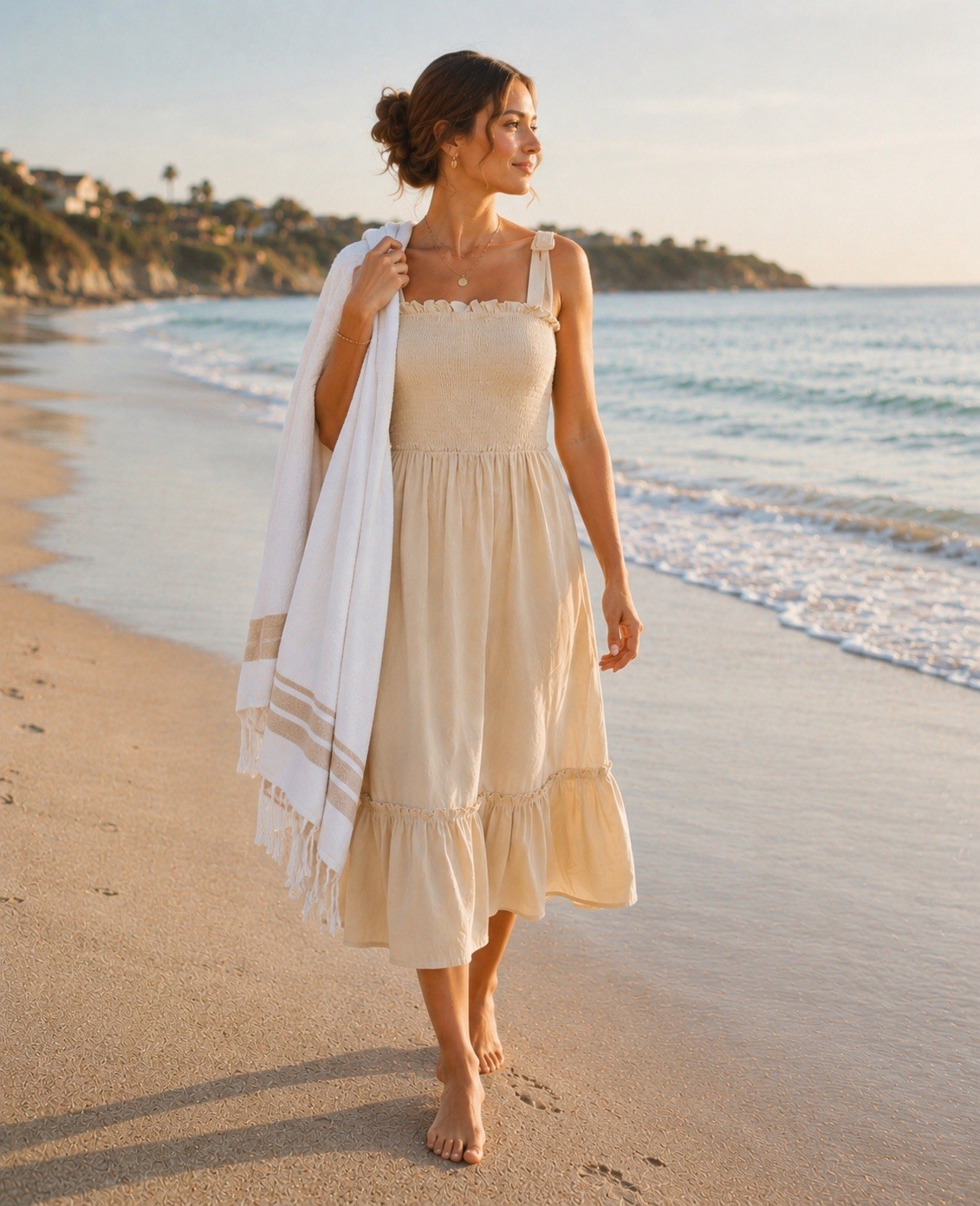 NEW Size MEDIUM, Summer Boho Sundress, Cotton Linen-Look, Tie-strap Ruffle Beach
