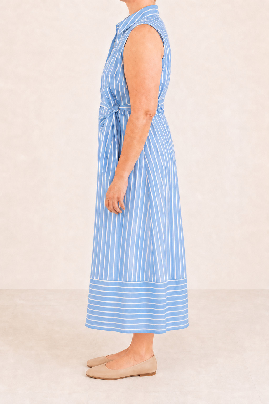 100% Cotton Size 14 Striped Midi Sleeveless Shirtdress Women Blue Tie Waist