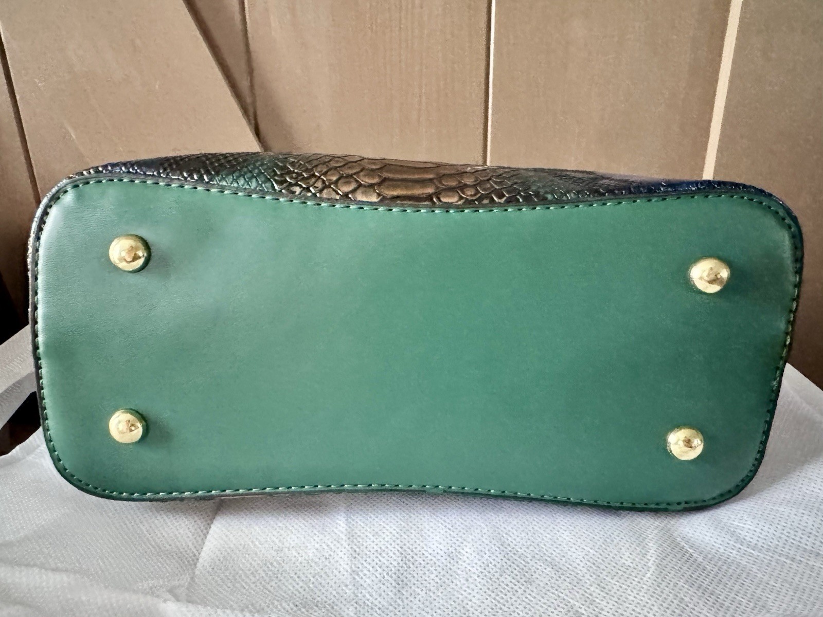 Green Blue Snakeskin-Style Satchel Top Handle Bag Zip Logo Accent Gold Chain