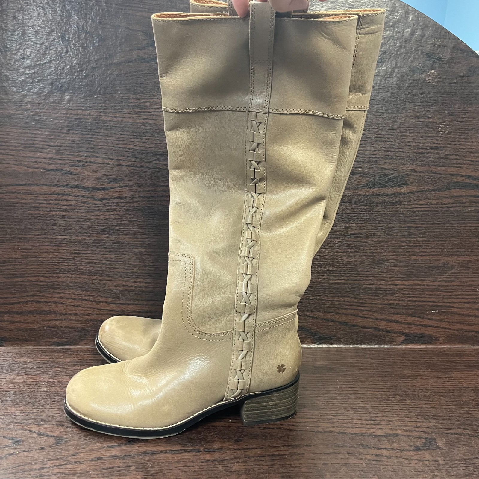 Lucky Brand Women’s Hidranja Knee High Boot 7M Beige Leather Stacked Heel Woven