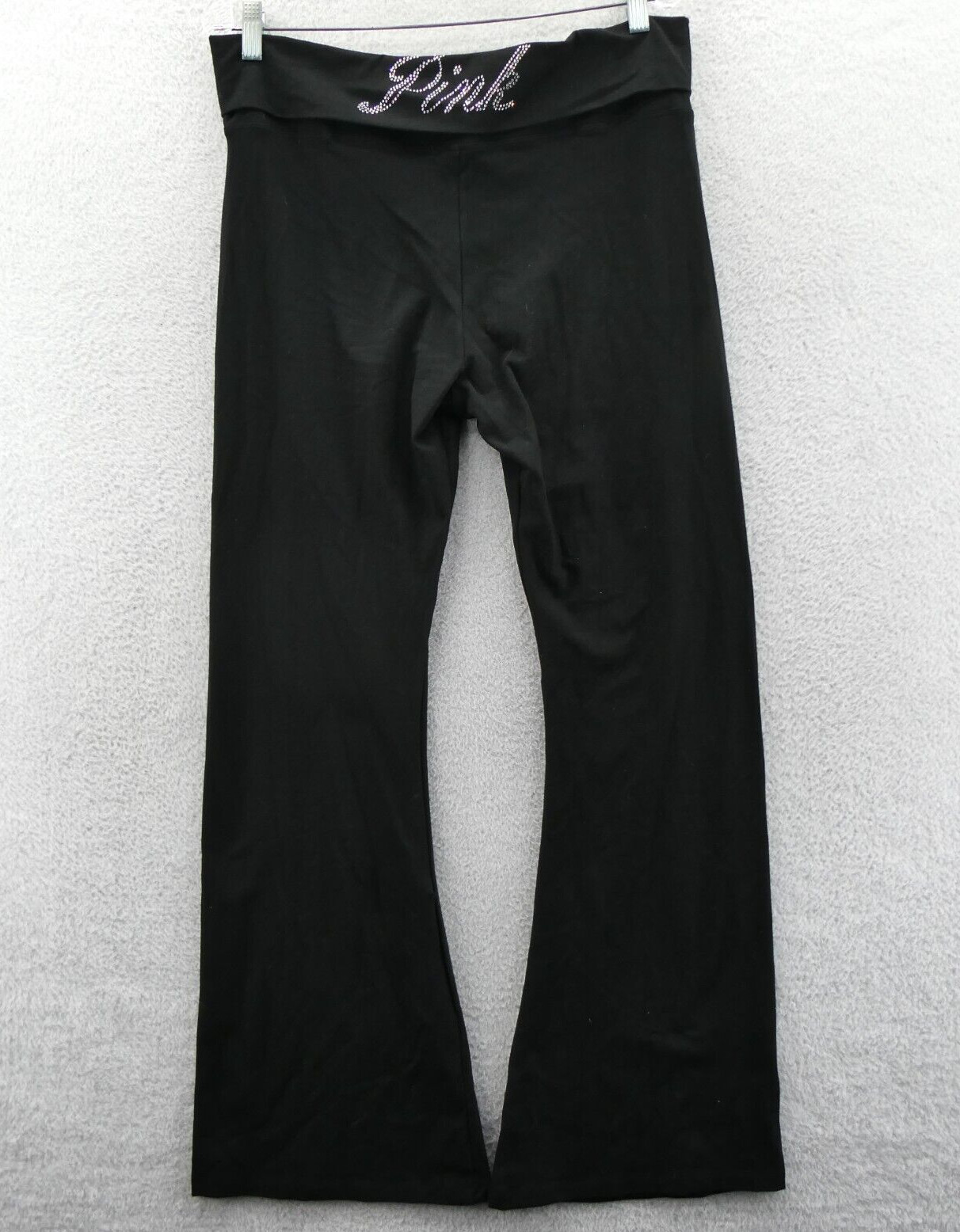 Victorias Secret XL Bling Black Leggings Flare Leg Mid Rise Foldover Script PINK