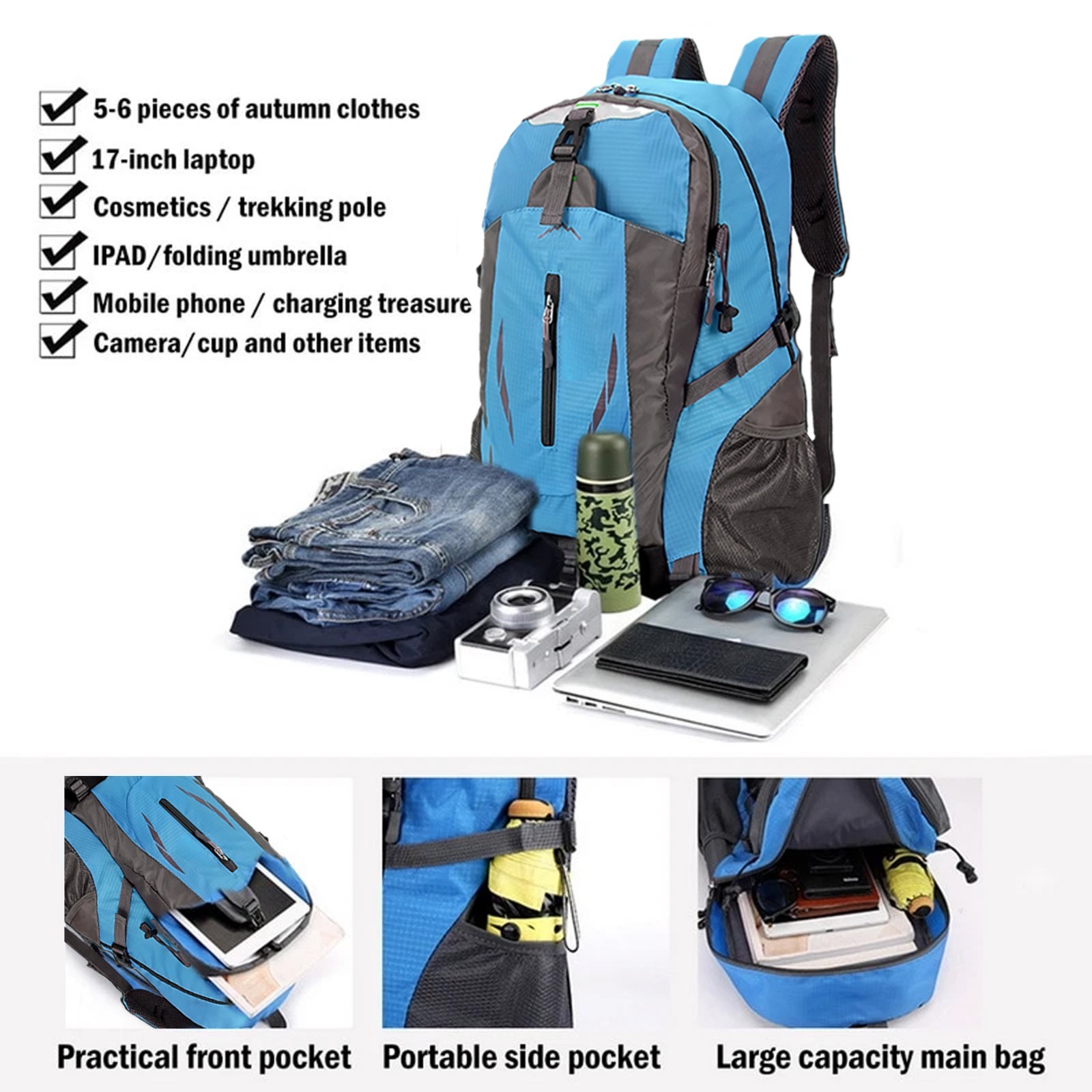 40L Travel Men Women Backpack Larg Capcity Hiking Rucksack School Book Backpack