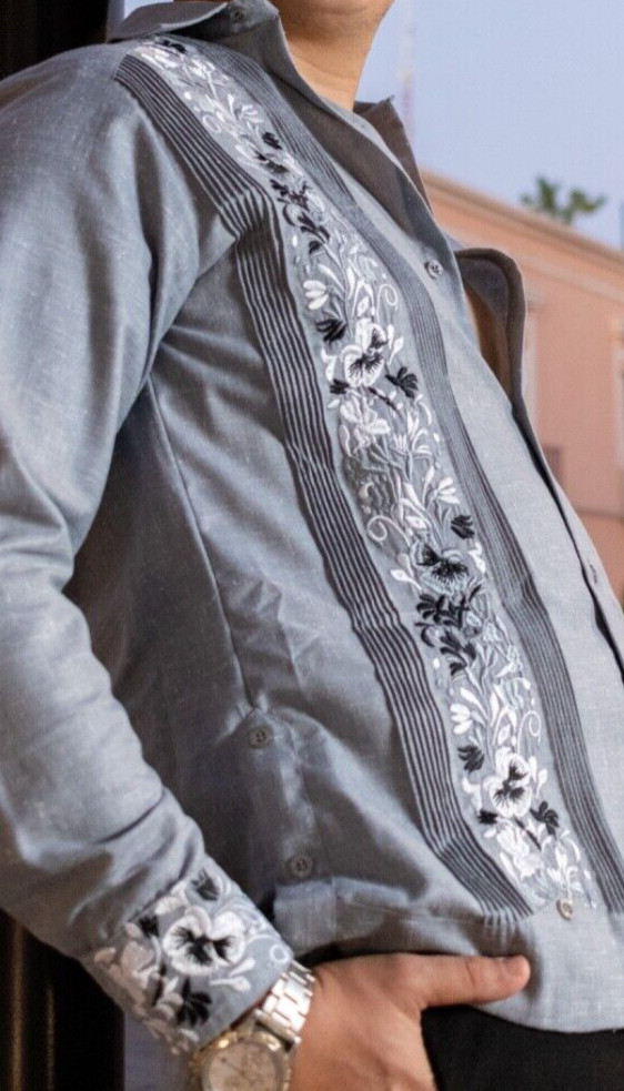Mexican Wedding Guayabera Gray Fabric Long Sleeve Gray Silver Black Embroidery