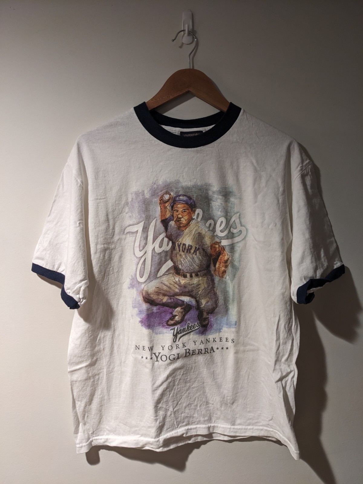 Vintage Y2K New York Yankees Yogi Berra White Large Ringer T-shirt
