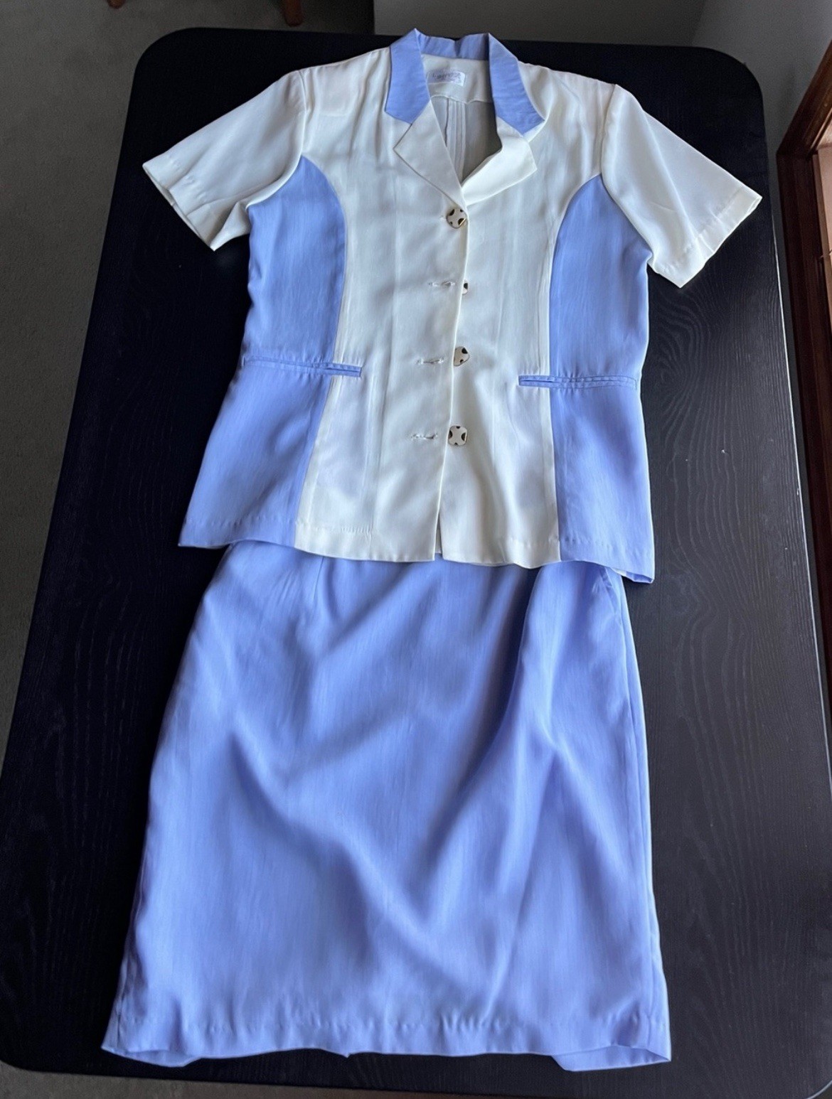 Chic Vintage Periwinkle & Cream Colorblock Panel Blazer & Skirt Set