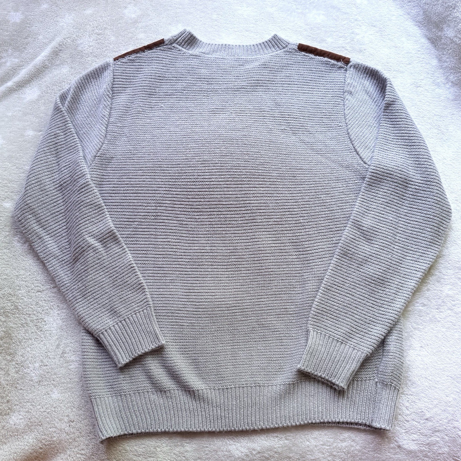 Grey Oversized Knit Sweater With Brown Elbow & Shoulder Patches / Size L