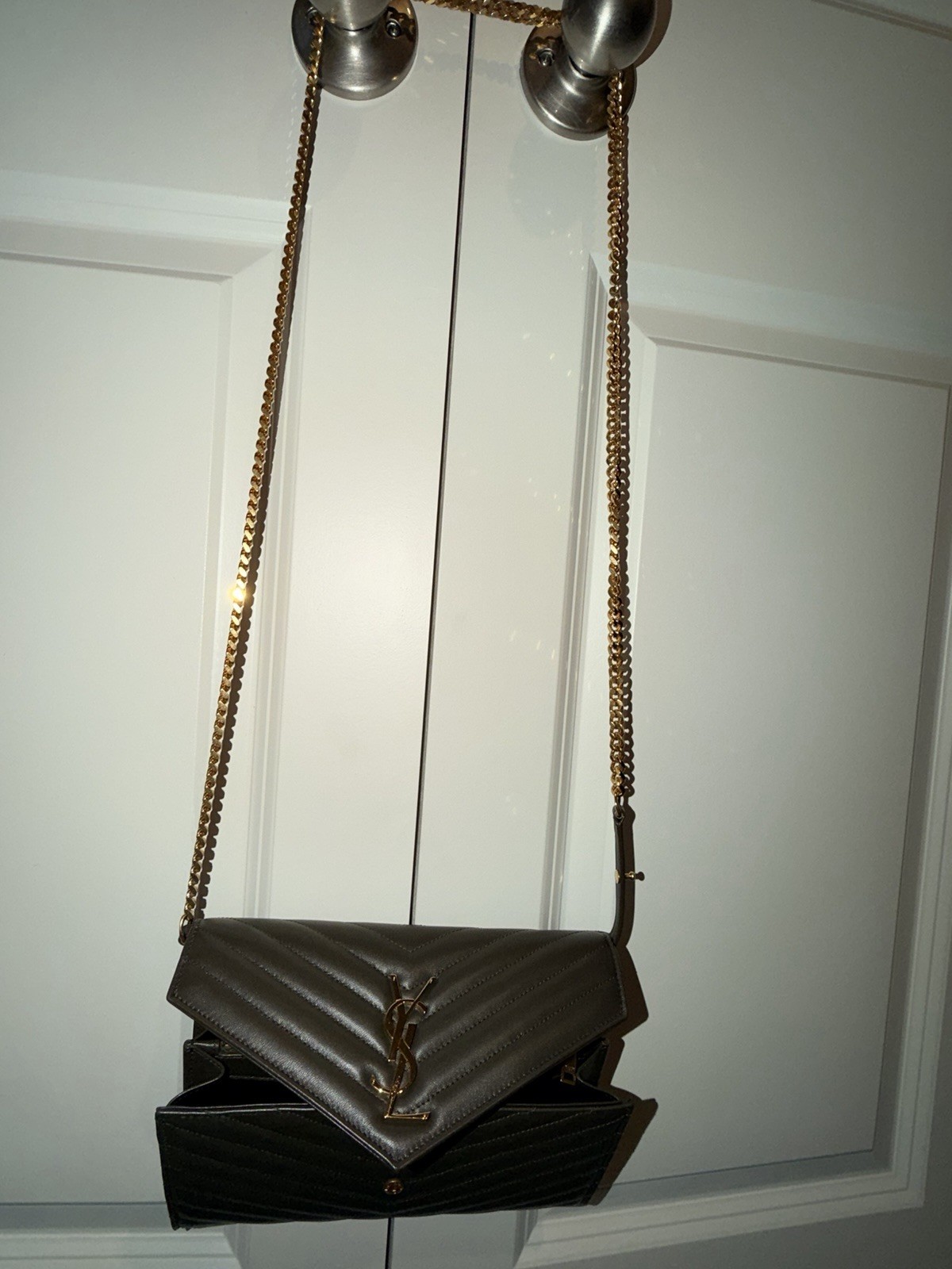 YSL Monogram Envelope Chevron Quilted Chain Wallet Crossbody Dark Green