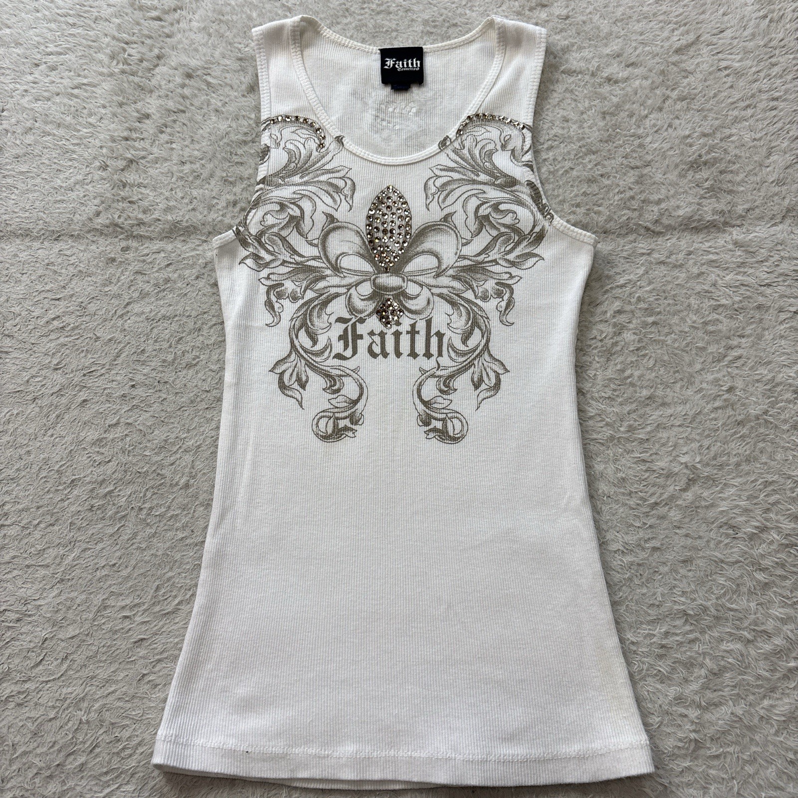 Y2K Faith Cross Tattoo Print Tank Top Rhinestone 00s white