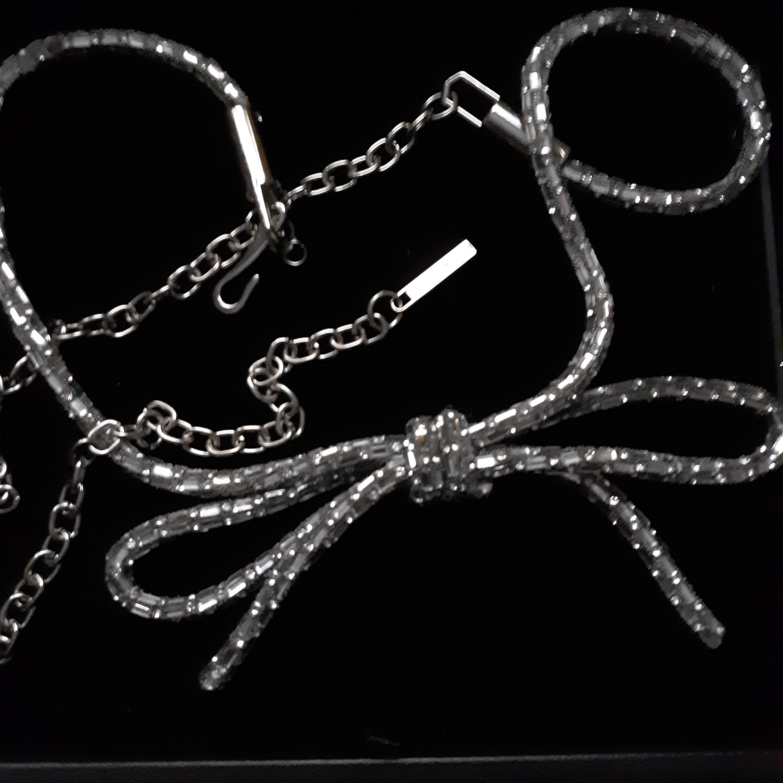 Vtg H By Halston Crystal Belt Sz L W/Bow Adj Clip Chain Clear Stones Slvr Fabric