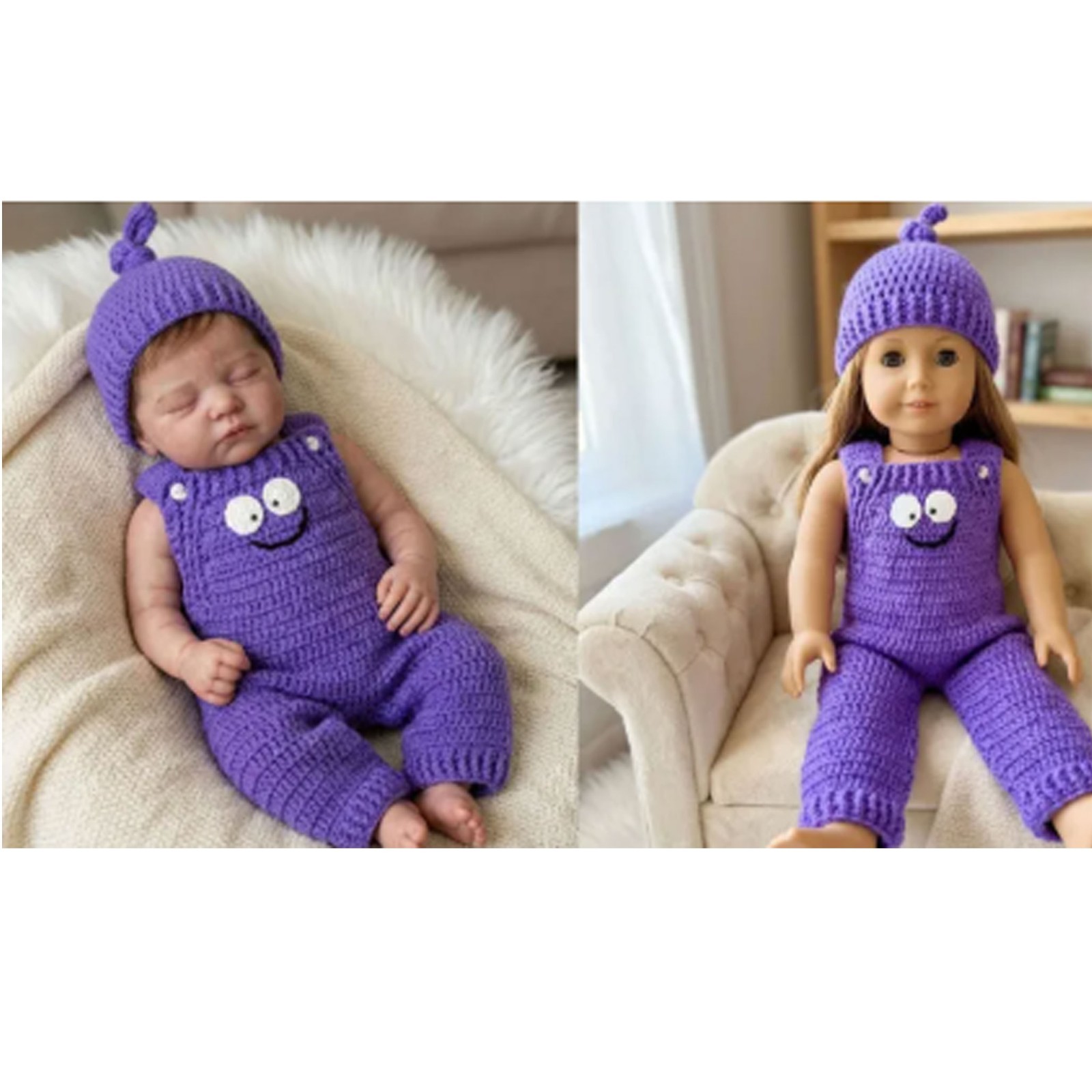 Smiley Crochet Applique Purple Newborn Gender Neutral Baby Romper with Elf Cap