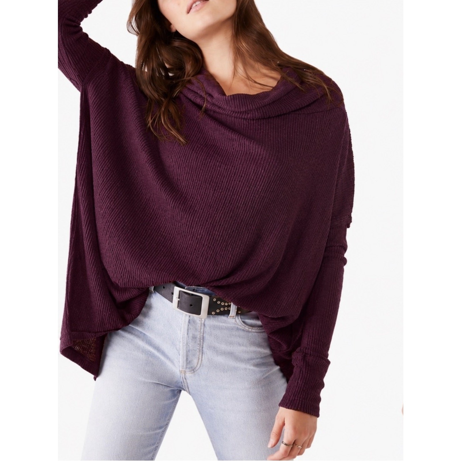 Free People Juicy Thermal Top Date Night Purple Cowl Neck Oversized S